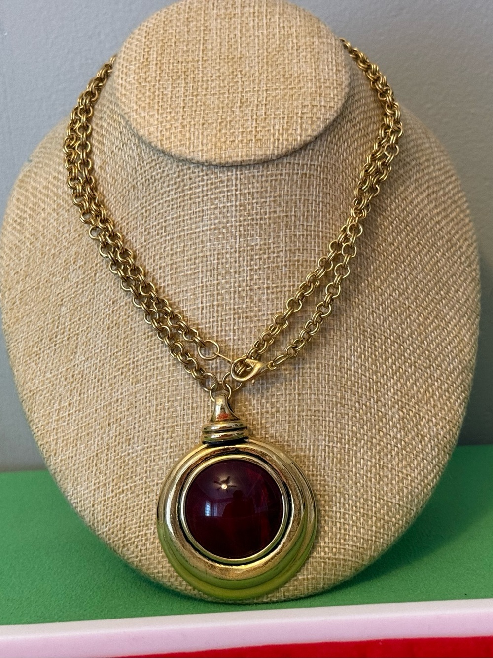 Made in Canada Gold-Tone Necklace with Deep Red Cabochon Pendant